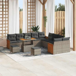 Modulares Gartensofa-Set 13-teilig grau Poly-Rattan mit Kissen, 13-teiliges Rattansofa f&uuml;r Garten als Outdoor-Sofagarnitur