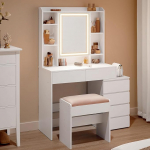 VASAGLE Kailyn Collection - garderoobilaud LED-valgustusega, 3 reguleeritavat valgusv&auml;rvi, garderoobilaud koos peegli, sahtlitega, lahtiste kappidega, tugitooliga, reguleeritavate riiulitega, pilvivalge RDT125W01