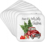3dRose cst_263636_2 "Have A Holly Jolly Red Truck With Christmas Trees Coaster, Kummikeraamika, Mitmev&auml;rviline