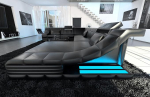 Wohnlandschaft Turino XXL nahast diivan LED-valgustusega, reguleeritavad peatuged, Chaise Longue / nahav&auml;rvide valik / orientatsioon valitav (Ottoman Right, must)