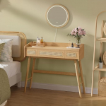 SONGMICS HOME BOHOVEN Collection - Dressing Table with Mirror Lighting Cosmetic Table 3 Rattan Drawers Touch Control 3 Light Colours Dimmable Boho Bedroom Oak Beige