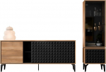 Mirjan24 Ewido I Living Room Set, Living Room Cabinet with Geometric Pattern, Handle-Free Opening System, Cupboard Wall, in Set: Chest of Drawers, Display Cabinet (Baroque Oak Amber + Black)