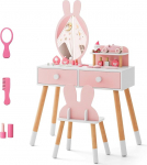 COSTWAY laste riietuslaua komplekt j&auml;nese disainiga, 2-in-1 riietuslaud koos peegliga, 2 sahtlit ja riiul, meigikomplekt t&auml;ispuidust jalgadega t&uuml;drukutele (roosa)