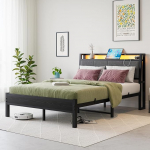 FOUBAM 4ft Double Bed Frame koos laadimisjaama ja LED tuledega - Raskekaaluline platvormvoodiraam koos riidest hoidlatega - kaldpeatsiga - ei vaja karpvedrustust