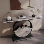 Leichter, luxuri&ouml;ser Konsolentisch im Landhausstil - mehrschichtiger Eingangstisch mit schwarzem Metallrahmen f&uuml;r Flur, Wohnzimmer, Schlafzimmer und Foyer - graues Felsplatten-Design (120 x