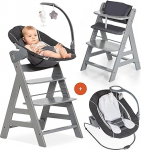hauck Alpha+ Newborn Set Deluxe - Baby Wooden High Chair from Birth with Reclining Function - Includes Attachment for Newborns and Seat Cushion - Grows with Your Child - Adjustable - Grey
