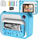 Children's Digital Camera Instant Camera Print 1080P 2.4 Inch Screen Video Camera Black and White Photo Camera with 32GB Card, 3 Rolls of Printing Paper, 5 Colours Brush Pen Gift