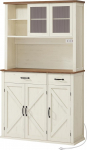VASAGLE Sideboard with Lighting and Charging Station Kitchen Cabinet Storage Cabinet with Doors and Drawers 39.5 x 106.5 x 180.6 cm Adjustable Shelves Country Style Vintage White BBK391W02