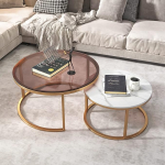 Kaasaegne &uuml;mmargune kohvilaud 2 pesitsuslauaga, karastatud klaas ja kiltkivi, tugev metallist raam, ruumi s&auml;&auml;stev, elutoa aksessuaarm&ouml;&ouml;bel