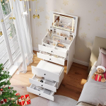SONNI 3-in-1 riietuslaud koos kokkupandava peegli ja LED-iga, kosmeetikalaud n&auml;htava klaaspinnaga, 4 sahtlit, 4 universaalsete ratastega hoiutool, riietuslaud magamistuppa, valge, 60 x 45 x 83 cm.