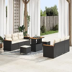 9-teiliges Garten Sofa Set mit Kissen Schwarz Poly Rattan Akazie, 3-teiliges Garten Essbereich Set mit Kissen Schwarz Poly Rattan Akazie Gartenlounge Model3364950