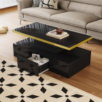 Merax kaasaegne LED kohvilaud, sahtlitega elutoa laud, k&uuml;ljelaud avatud hoiuruumiga ja kuldsete dekoratiivsete triipudega, k&otilde;rgl&auml;ikega must, 100 x 50 x 38,5 cm