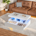 Valge l&auml;ikiv kohvilaud Moodne LED-valgusega ja 2 sahtliga kohvilaud avatud riiuliga ja varjatud panipaigaga Ideaalne elutuppa 104 x 53 x 46 cm (valge)