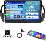 8 Core/4+64GB autoraadio 2 DIN Android Fiat 500 2007-2015, traadita Carplay ja Android auto, 9-tolline puuteekraaniga raadio GPS, Bluetooth, WiFi, 32EQ, DSP, 59UI, RDS, tahavaate kaamera, tagantj&auml;rele vaatega