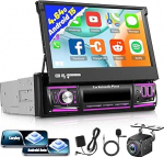 [4+64G] Android 13 1 DIN autoradio traadita Carplay & Android Car - 7-tolline sisset&otilde;mmatav puuteekraaniga raadio koos Mirror Link, EQ, AI DSP, WiFi, GPS, FM/RDS raadio, SWC + AHD tahavaate kaamera.