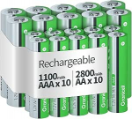 20 AA AAA AAA akude pakett, suure mahutavusega 10-pakett AA 2800 mAh ja 10 pakett AAA 1100 mAh, 1,2 V NiMH madal enesepuhastus