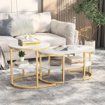 2 Round and Oval Coffee Tables Coffee Tables with Storage Space Coffee Table Marble Effect Side Table for Living Room Metal Frame (White+Gold)