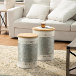 glitzhome Rustic Side Table Farmhouse tsingitud metallist Ottoman Storage Stool koos &uuml;mmarguse puidust kaanega elutoa m&ouml;&ouml;blile, Distressed White, 2-st komplektis