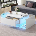 BTM 100 x 50 x 31 cm kohvilaud, kohvilaud 1 sahtliga ja LED-valgusribaga, karastatud klaasist k&uuml;ljelaud, k&otilde;rgl&auml;ikega diivanilaud, valge elutoa laud minimalistlikus disainis