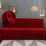 Diivanikate ilma k&auml;etugedeta koos Ruffle seelikuga, Velvet Armless Diivan Throw, Diivanvoodi kaitsev kate, Stretch Cover, pestav, libisemisvastane diivanvoodi ilma k&auml;etugedeta (Burgundia, L)