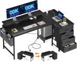 ODK L-kujuline laud sahtlitega, 140 x 80 cm nurgalaua p&ouml;&ouml;ratav USB-laadimispordi ja pistikupesaga, L-kujuline laud koos monitori riiuliga kodukontorisse, must