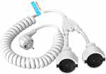Pikenduskaabel, spiraalkaabel, 5 m max, kaitsekontakt-spiraalkaabel, veniv, IP20 pikenduskaabel 2-poolsete pistikupesadega, topelt Schuko pistik 3 x 1,0 mm&sup2; (230 V/16 A), valge