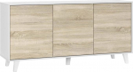 Dmora - Arvada Sideboard Modernne 3 ukse ja riiulitega k&uuml;ljepaneel, k&ouml;&ouml;gibuffet, elutoa disainibuffet, 154 x 40 x 75 cm, valge ja tammepuust.