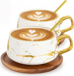 TELANKS 2 x 300 ml Cappuccino tassid koos taldriku ja lusikaga, Espressotasside komplekt, elegantsed/moodsad keraamilised kohvitassid Cappuccino, Latte, Espresso ja tee jaoks, valged