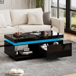 Merax LED-valgustusega kohvilaud, k&otilde;rgl&auml;ikega pind, 1 sahtli, 100 x 50 x 40 cm, kaasaegne diivanilaud elutuppa, vastupidav kohvilaud, praktilise hoiuruumiga k&uuml;ljelaud