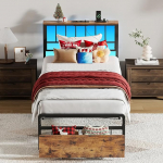 IRONCK Voodi 90 x 200 cm LED valgustusega, voodiraam 90 x 200 cm 2 sahtliga, metallist voodi 2 AC pistikupesa, 1 USB 1 Type C &uuml;hendus, noorte voodi, &uuml;heinimesevoodi metallist liistudega raamiga.