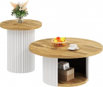 Generisch Runder Couchtisch Set mit Beistelltisch im Nordischen Stil - Naturholzdesign, Flexibles M&ouml;bel f&uuml;r Wohnzimmer, Organisiert mit Stauraum, 2-teilig