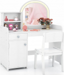COSTWAY 2-in-1 laste riietuslaua komplekt, riietuslaud koos tugitooliga, LED-valgustusega, peegliga, kapi ja sahtliga, kosmeetikalaud, meigikomplekt, t&uuml;drukutele, puidust, lastele alates 3. eluaastast (valge)
