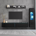 DUlVBPE TV Wohnwand Set 3-teilig LED Beleuchtung Hochglanz Schwarz Wohnzimmer M&ouml;bel Set Frontale Wohnwand Schwarz 1 x TV Schrank, 1 x Wohnzimmer Vitrine, 1 x H&auml;ngeregal, TV kuni 80'