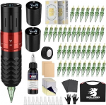 Solong Tattoo Machine Set 2 patareid 7 l&ouml;&ouml;ki, Rotary Wireless Tattoo Pen Gun LCD Digital, 40 t&uuml;kki Cartridge n&otilde;elad, 30 ml Tindid Must algajatele ja kunstnikud SLE75KITEU-1