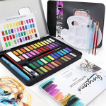 Exqline Watercolour Paint Set, 48 Colours Watercolour Set with 8 Watercolour Papers, 2 Water Tank Brushes, 2 Hook Pens, 2 Wiping Sponges, 1 White Pigment, 1 Mixing Palette, 1 Colour Chart