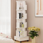 CHOWGOLI Rotating Bookcase, Standing Shelf, 360&deg; Freely Rotatable, Bookcase, Living Room, Bedroom, 4-Layer Book Shelf, with Fabric Drawer and Wheels, Bookcase, White, 40 x 40 x 147 cm