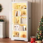 LVSOMT Klaasvitriin LED-valgustusega, 165 cm vitriinkapp klaasustega, vitriinkapp 4 riiuliga, 3 v&auml;rvi valgusega, vitriinkapp klaasist puidust elutoa esik, valge