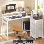 YITAHOME laud, p&ouml;&ouml;ratav nurgapult 4 sahtliga, L-kujuline laud 2 pistikupesa ja 2 USB-laadimispesaga, L-kujuline kontorilaud LED-iga, 130 x 100 cm, nurgalaud monitoririiuliga, valge