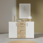 Forte IKOLI sahtlikapp 120, kaasaegne sahtlikapp, 2 ust, 4 sahtlit, elutuba, magamistuba, esikusse, puukomposiit, valge, k&auml;sit&ouml;&ouml;nduslik tammepuidust dekoor, 119,6 cm lai x 81,7 cm k&otilde;rge x 31,4 cm