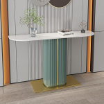 Moderner Konsolentisch im Landhausstil mit Stauraum, schmaler Eingangstisch in Marmoroptik, Beistelltisch im Industriestil mit geometrischem Gestell, 80 cm, gr&uuml;nes Foyer-M&ouml;belst&uuml;ck f&uuml;r Wohnz