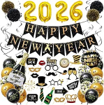 Aastavahetuse dekoratsioonikomplekt, kuldsed numbrid 2026 uusaasta &otilde;hupallid, &otilde;nnelikku uut aastat b&auml;nner, mustad kuldsed aastavahetuse &otilde;hupallid, uusaasta fototarvikud, uusaasta uusaasta dekoratsioon, uusaasta