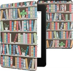 kwmobile Flip Case &uuml;hildub Amazon Kindle Paperwhite 11. p&otilde;lvkonna 2021 &uuml;mbrisega - eReader Case - raamaturiiul koos taimedega Sinine Roheline Roosa