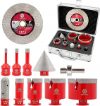 Diamond Tile Drill Set - FOCSTOL Diamond Hole Saw Set for Porcelain Ceramic Tiles Marble Granite 10 Pieces (6/8/10/20/35/50/68 mm + 20 mm Finger Mill + 50 mm Chamfer Drill + Adapter + 125 mm Cutting