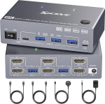 USB 3.0 HDMI KVM Switch 2 PC 2 monitori EDID-ga, 8K @ 60Hz & 4K @ 144Hz, Dual Monitor KVM Switch Share Keyboard Mouse, 4 USB 3.0 pesa, juhtmega kaugjuhtimispult, toiteadapter.