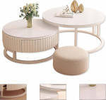 &Uuml;mmargune kohvilaud 2-st komplektist Valge elutoa laud &Uuml;mmargune kohvilaud harjatud metallraamiga 50 + 70 cm Modernne elutoa laud &Uuml;mmargused kohvilaudade komplekt Lauad r&otilde;dule kontorisse magamistuppa Valge