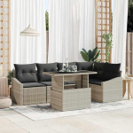 Garten-Sofa-Set 6-teilig modular mit Eckstuhl, Tisch und Glasplatte in Hellgrau aus Poly-Rattan inklusive Kissen