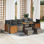 Gartensofa-Set 10-teilig Grau mit Kissen aus Poly-Rattan und Akazienholz-Tischplatte als Outdoor-Sofagarnitur mit 4 Armsofa 3 Mittelsitzen 2 Hockern 1 Tisch
