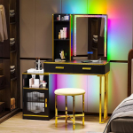 Gurexl RGB riietuslaud koos valgustuse ja peegliga, kosmeetikalaud sahtlitega ja pehmendusega tooliga, edevus koos vahetatava aluskapi ja USB-ga magamistoas, mustas toonis