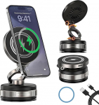Juhtmevaba autolaadija, 15W kiirlaadija koos vaakumimahuti ja magnetilise hoidjaga mobiiltelefonidele, 360&deg; p&ouml;&ouml;ratav ja kolmeteljeline kokkupandav telefonihoidja iPhone'ile ja Androidile