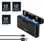 Akukomplekt Hero 12, 11, 10, 9 jaoks - 3 x 1800 mAh akut ja 3-kanaliline USB LCD akulaadija, t&auml;ielikult &uuml;hilduv (3 x akud + 1 x laadija).